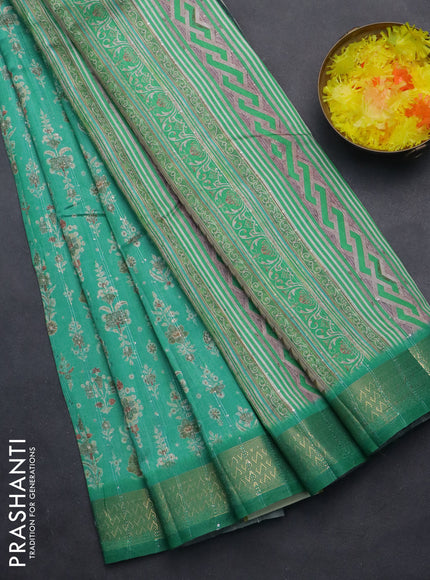Semi tussar saree green with allover prints & sequin work and zari woven border