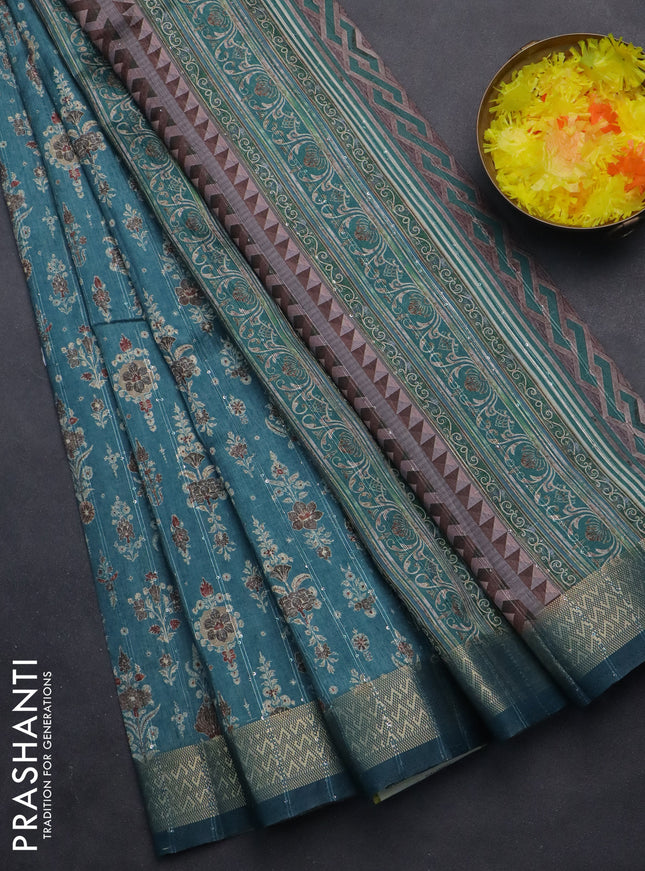 Semi tussar saree blue shade with allover prints & sequin work and zari woven border