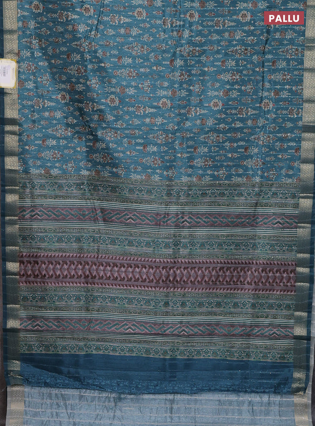 Semi tussar saree blue shade with allover prints & sequin work and zari woven border