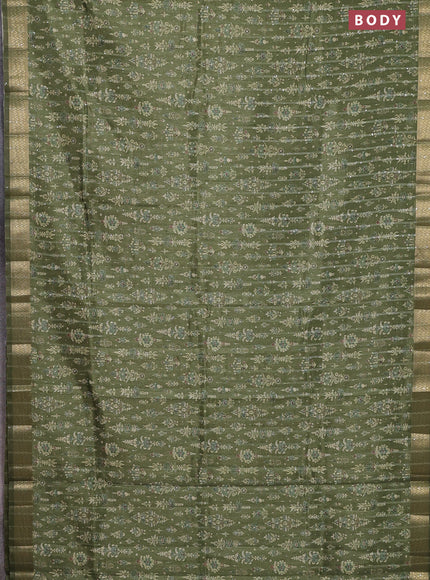 Semi tussar saree mehendi green with allover prints & sequin work and zari woven border