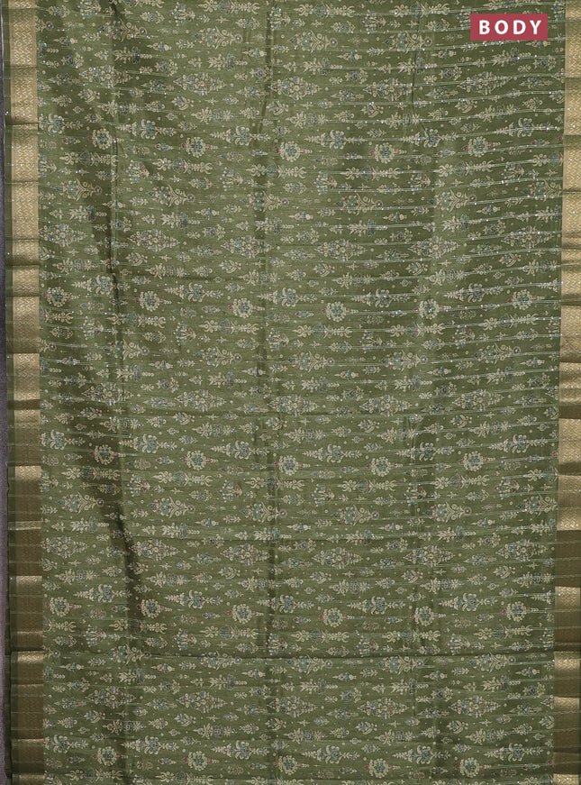 Semi tussar saree mehendi green with allover prints & sequin work and zari woven border