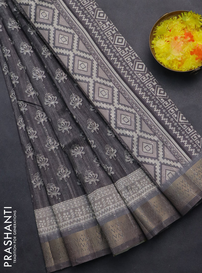 Semi tussar saree grey with butta prints & sequin work and zari woven border