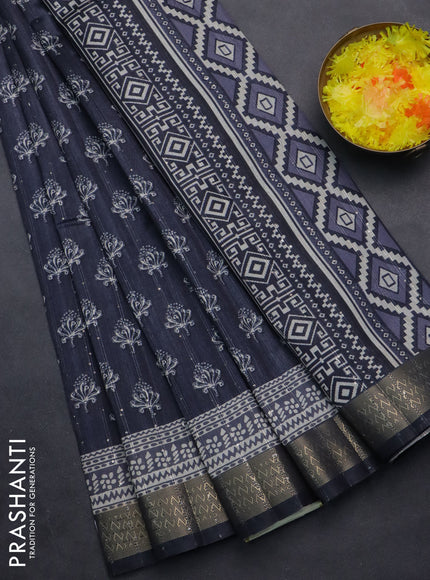 Semi tussar saree dark navy blue with butta prints & sequin work and zari woven border