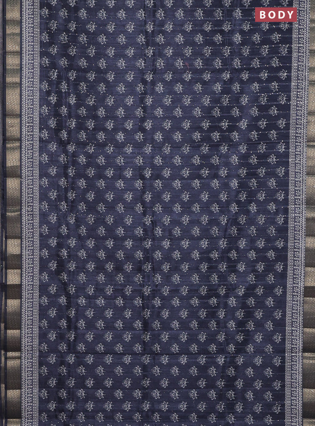 Semi tussar saree dark navy blue with butta prints & sequin work and zari woven border