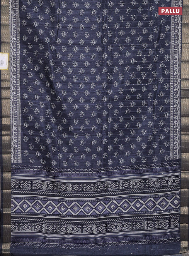 Semi tussar saree dark navy blue with butta prints & sequin work and zari woven border