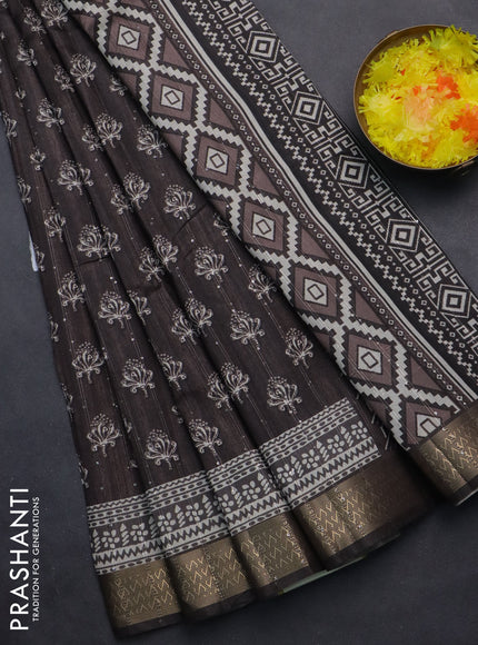 Semi tussar saree brown with butta prints & sequin work and zari woven border