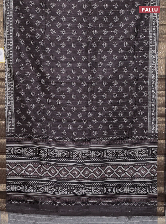 Semi tussar saree brown with butta prints & sequin work and zari woven border