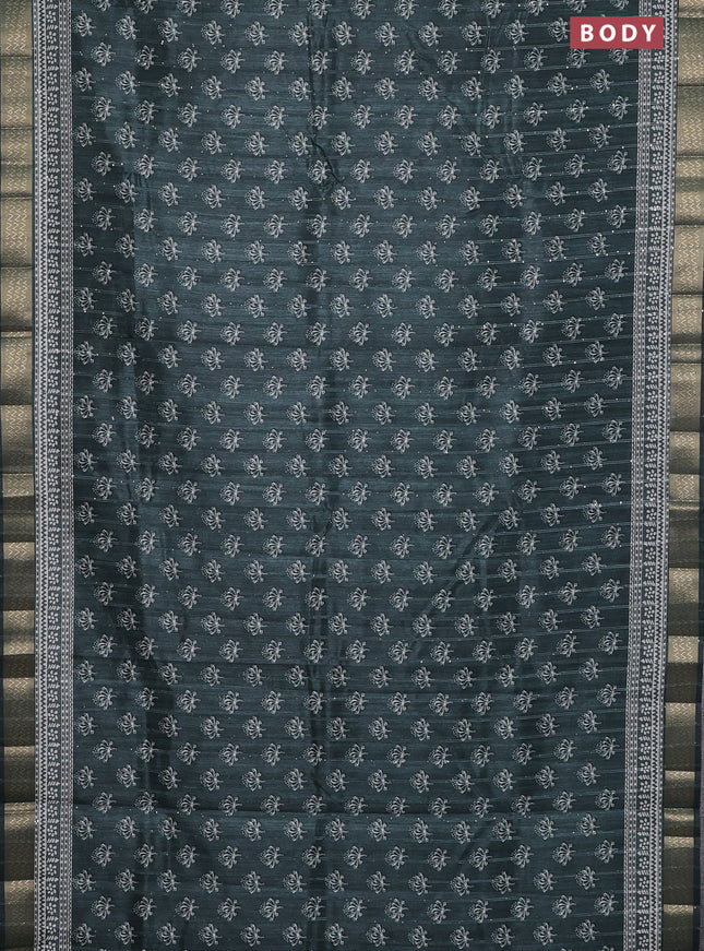 Semi tussar saree dark green with butta prints & sequin work and zari woven border