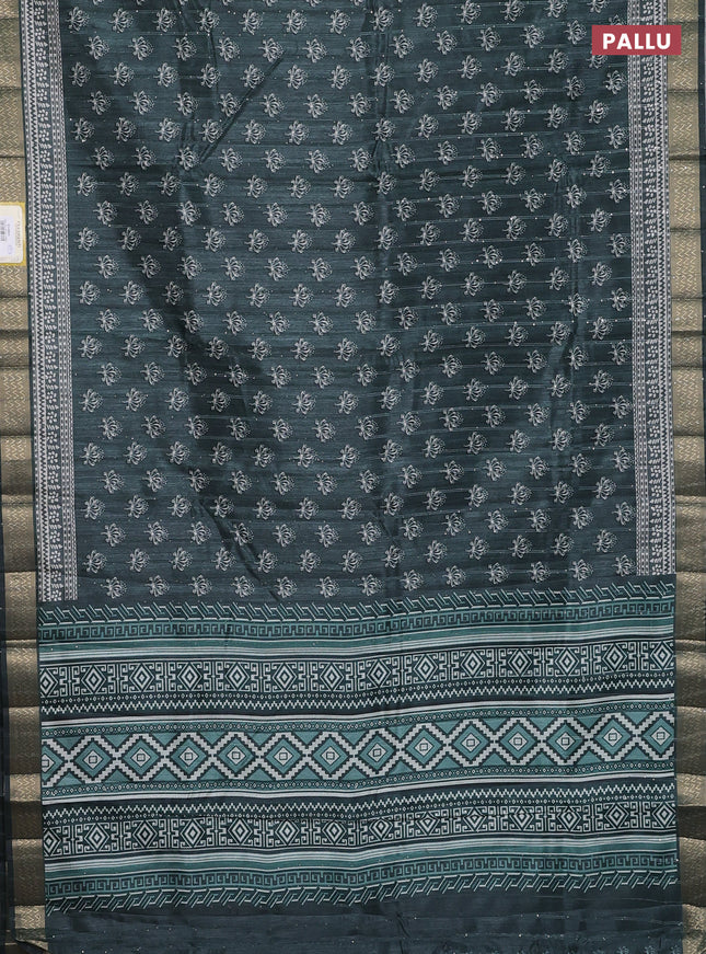 Semi tussar saree dark green with butta prints & sequin work and zari woven border