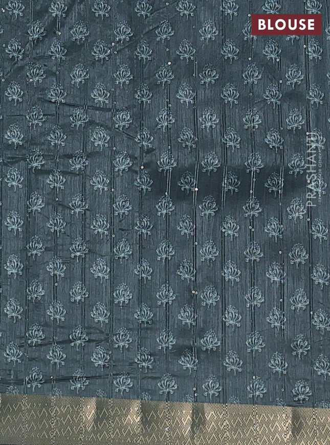 Semi tussar saree dark green with butta prints & sequin work and zari woven border