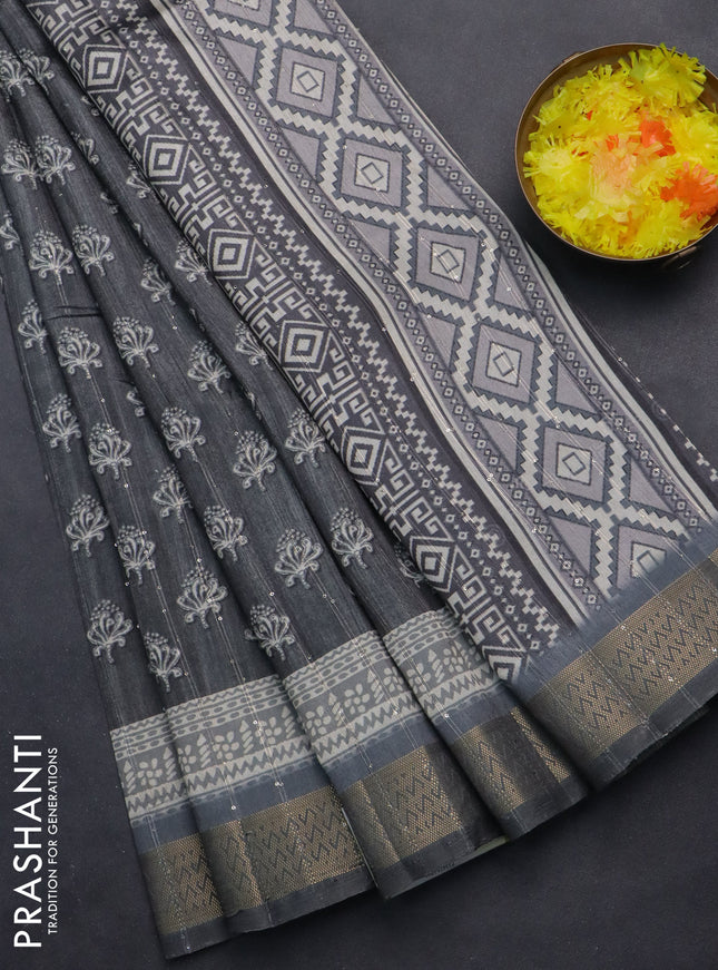 Semi tussar saree grey with butta prints & sequin work and zari woven border