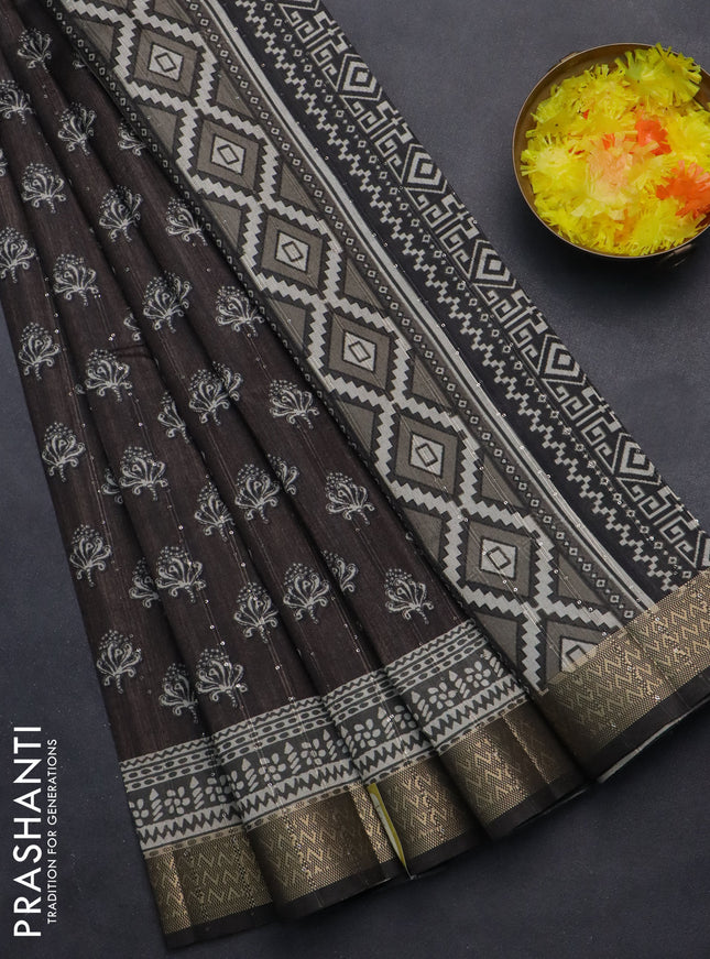 Semi tussar saree dark brown with butta prints & sequin work and zari woven border