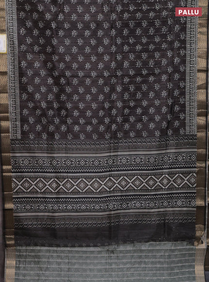 Semi tussar saree dark brown with butta prints & sequin work and zari woven border