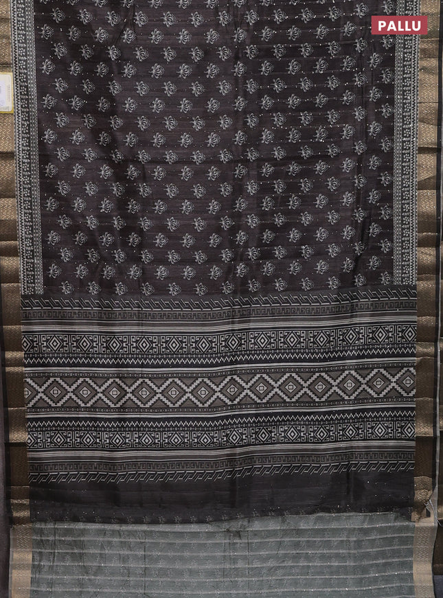 Semi tussar saree dark brown with butta prints & sequin work and zari woven border
