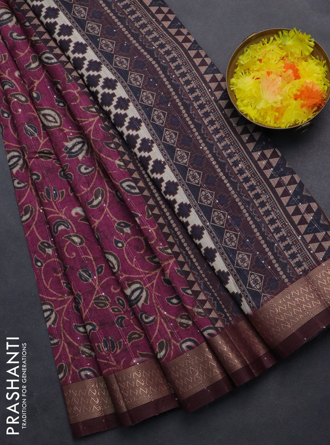 Semi tussar saree magenta pink with allover prints & sequin work and zari woven border