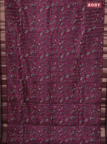Semi tussar saree magenta pink with allover prints & sequin work and zari woven border