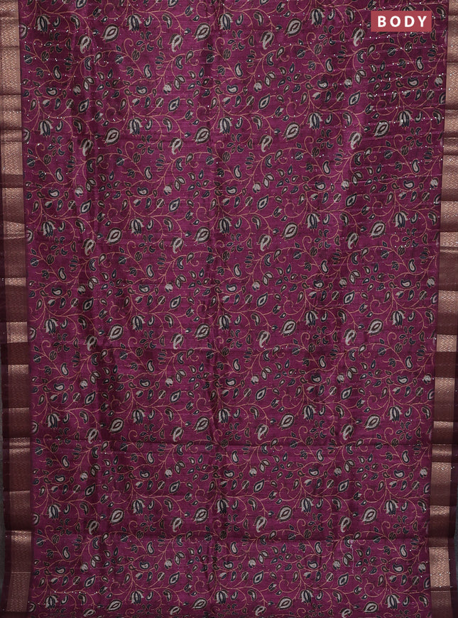 Semi tussar saree magenta pink with allover prints & sequin work and zari woven border