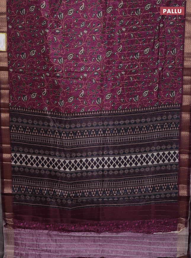 Semi tussar saree magenta pink with allover prints & sequin work and zari woven border