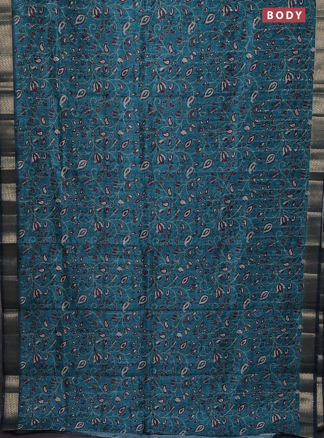 Semi tussar saree teal blue with allover prints & sequin work and zari woven border