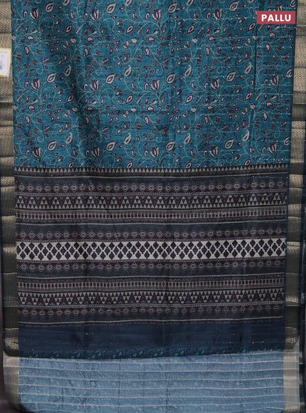 Semi tussar saree teal blue with allover prints & sequin work and zari woven border