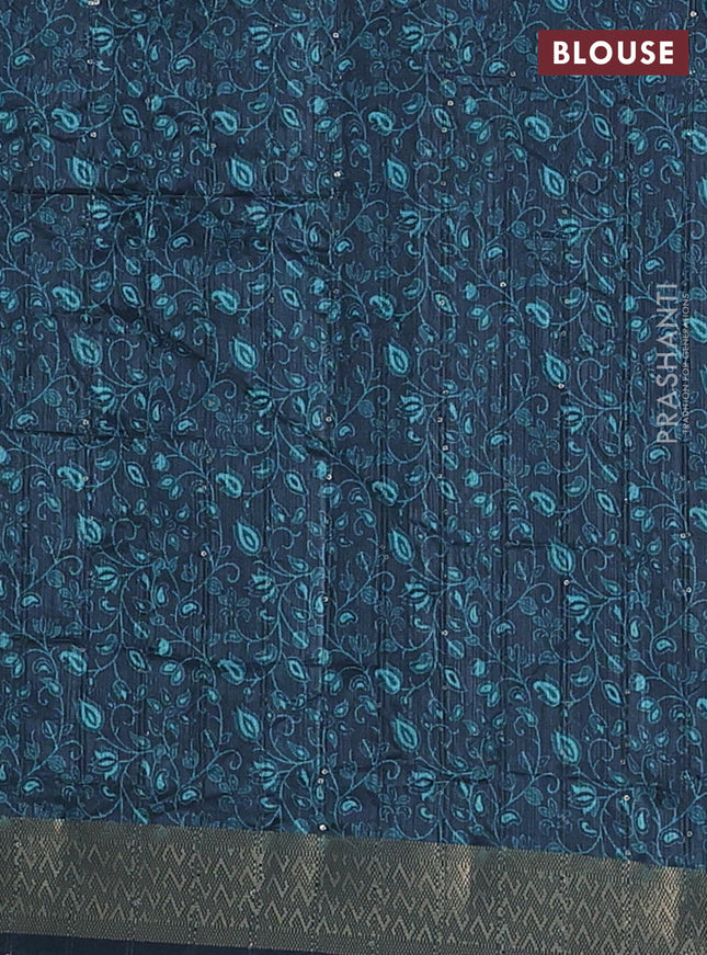 Semi tussar saree teal blue with allover prints & sequin work and zari woven border