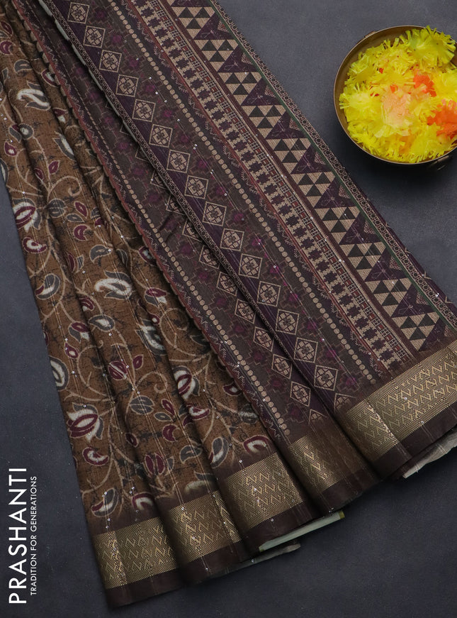 Semi tussar saree brown with allover prints & sequin work and zari woven border