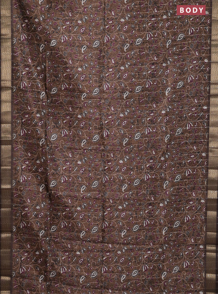 Semi tussar saree brown with allover prints & sequin work and zari woven border