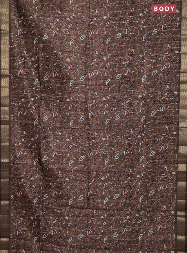 Semi tussar saree brown with allover prints & sequin work and zari woven border