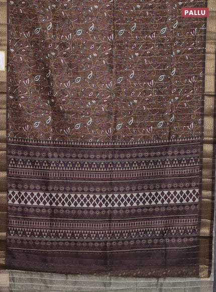 Semi tussar saree brown with allover prints & sequin work and zari woven border