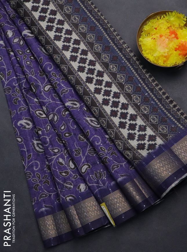 Semi tussar saree violet with allover prints & sequin work and zari woven border