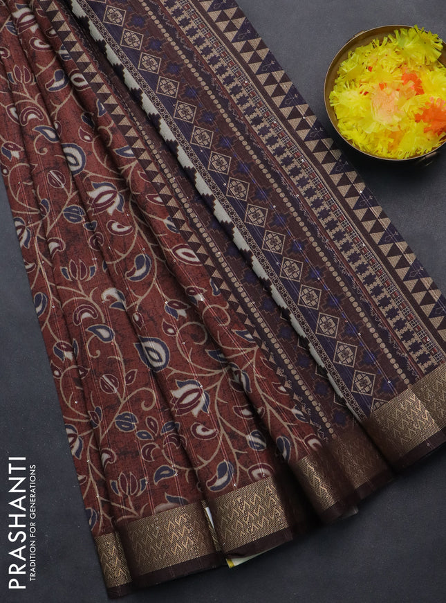 Semi tussar saree brown with allover prints & sequin work and zari woven border