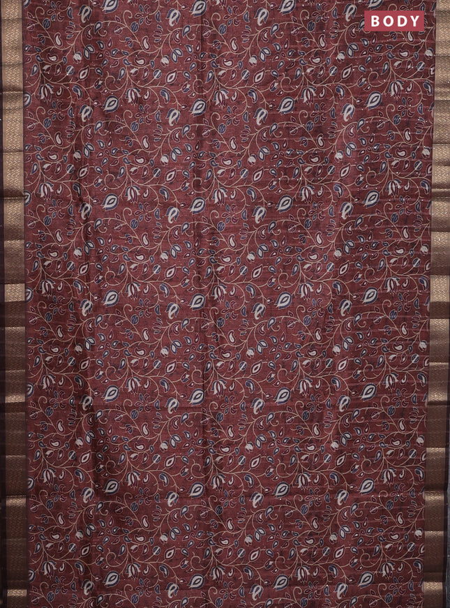 Semi tussar saree brown with allover prints & sequin work and zari woven border
