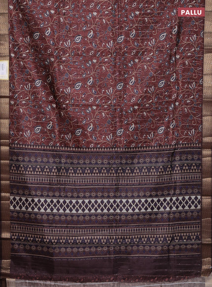 Semi tussar saree brown with allover prints & sequin work and zari woven border