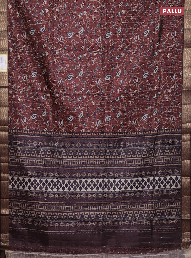 Semi tussar saree brown with allover prints & sequin work and zari woven border