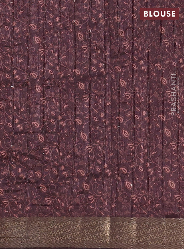 Semi tussar saree brown with allover prints & sequin work and zari woven border