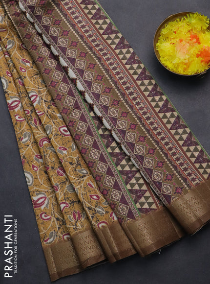 Semi tussar saree mustard yellow with allover prints & sequin work and zari woven border