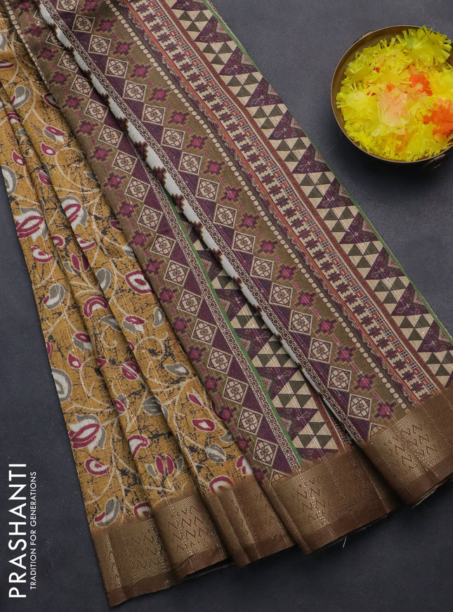Semi tussar saree mustard yellow with allover prints & sequin work and zari woven border