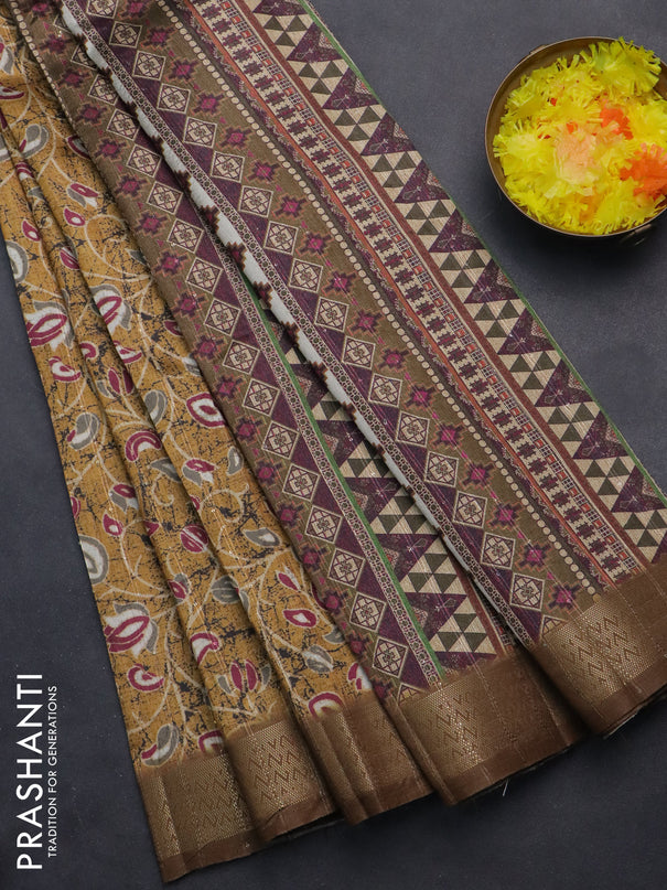 Semi tussar saree mustard yellow with allover prints & sequin work and zari woven border