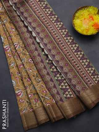 Semi tussar saree mustard yellow with allover prints & sequin work and zari woven border