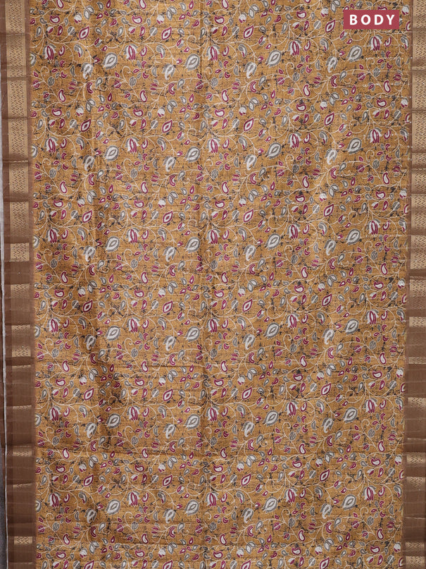 Semi tussar saree mustard yellow with allover prints & sequin work and zari woven border