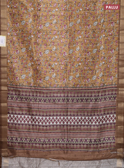 Semi tussar saree mustard yellow with allover prints & sequin work and zari woven border