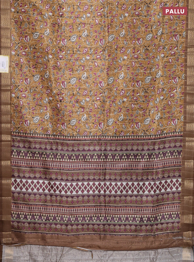 Semi tussar saree mustard yellow with allover prints & sequin work and zari woven border