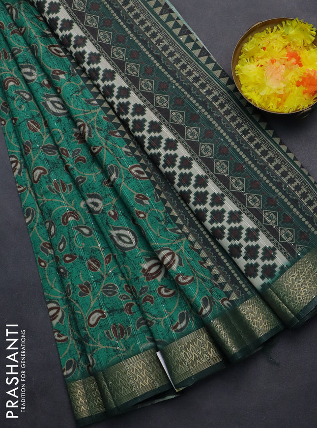 Semi tussar saree green with allover prints & sequin work and zari woven border