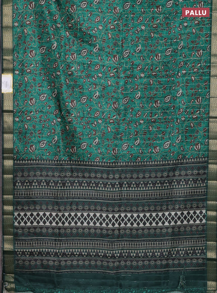 Semi tussar saree green with allover prints & sequin work and zari woven border
