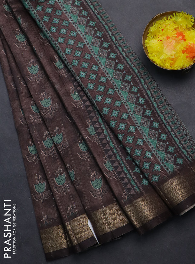 Semi tussar saree brown with floral butta prints & sequin work and zari woven border