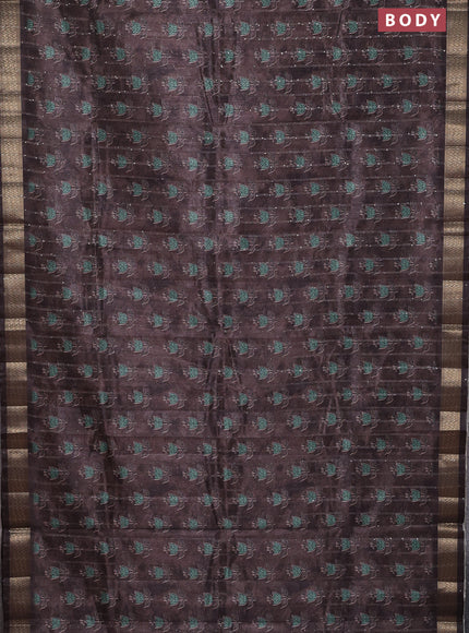Semi tussar saree brown with floral butta prints & sequin work and zari woven border
