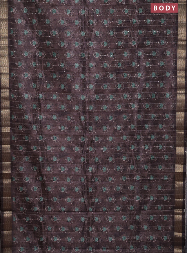 Semi tussar saree brown with floral butta prints & sequin work and zari woven border