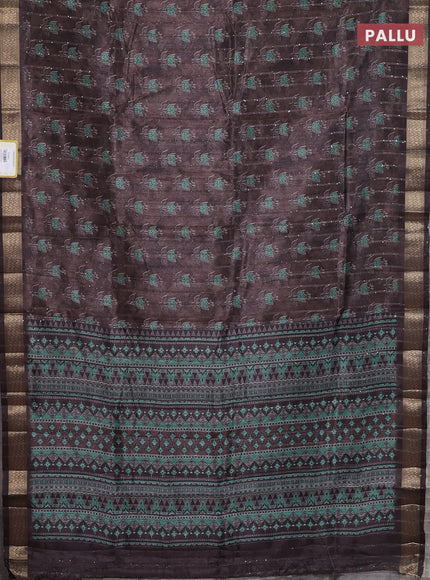 Semi tussar saree brown with floral butta prints & sequin work and zari woven border