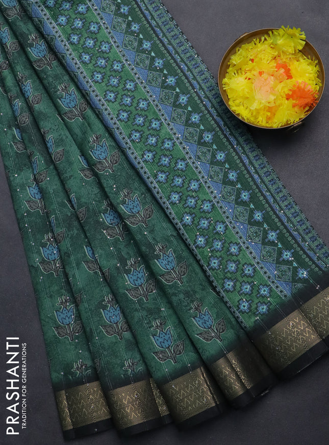 Semi tussar saree green and black with floral butta prints & sequin work and zari woven border