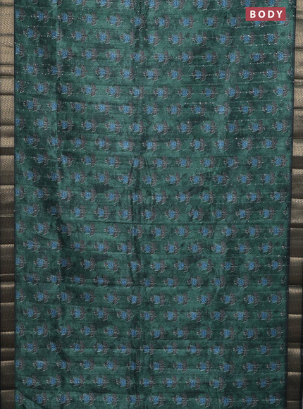 Semi tussar saree green and black with floral butta prints & sequin work and zari woven border